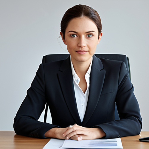 Home 9 A professional businesswoman in a modest business suit, sitting at a desk in a modern office, fully clothed, appropriate attire, safe for work, perfect anatomy, natural proportions, professional photography, high quality.