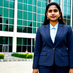 "A professional businesswoman in a modest business suit, standing in front of a modern office building in Dhaka, fully clothed, appropriate attire, safe for work, perfect anatomy, natural proportions, professional photography, high quality, family-friendly."