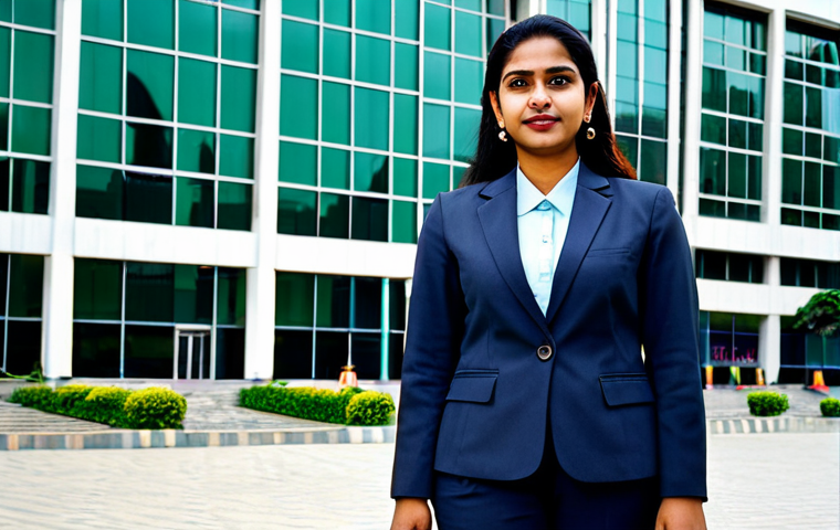 "A professional businesswoman in a modest business suit, standing in front of a modern office building in Dhaka, fully clothed, appropriate attire, safe for work, perfect anatomy, natural proportions, professional photography, high quality, family-friendly."