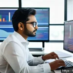 PM으로 성장하기 위한 자기 계발 전략 - A professional Bengali project manager in a modern office environment, deeply analyzing project data...