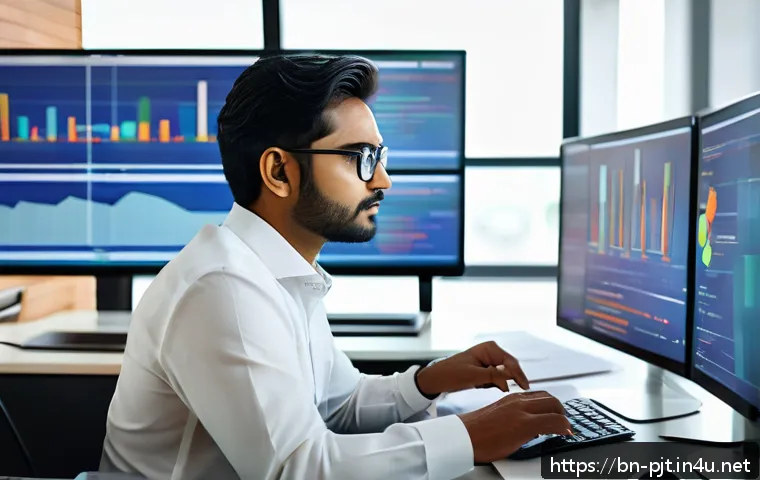 PM으로 성장하기 위한 자기 계발 전략 - A professional Bengali project manager in a modern office environment, deeply analyzing project data...