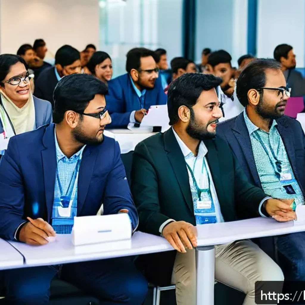 PM 자격증 취득 후 경력 개발 - A professional networking event scene set in a modern conference hall in Bangladesh, featuring diver...