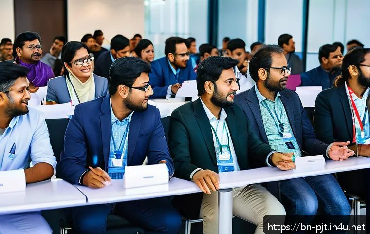 PM 자격증 취득 후 경력 개발 - A professional networking event scene set in a modern conference hall in Bangladesh, featuring diver...