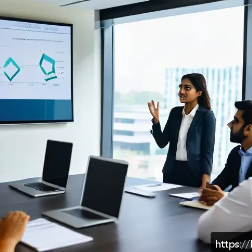 PM으로의 커리어 전환 성공 사례 - A professional Bengali project manager conducting a team meeting in a modern office setting, using c...