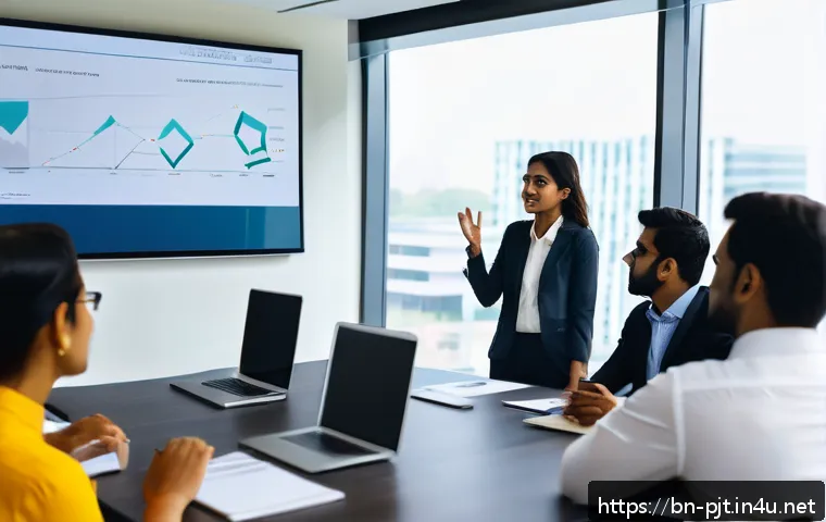 PM으로의 커리어 전환 성공 사례 - A professional Bengali project manager conducting a team meeting in a modern office setting, using c...